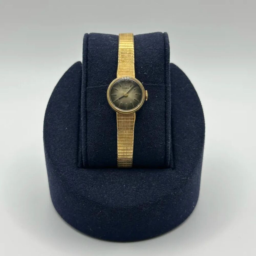 Vintage Timex Gold Tone Black Sunburst Dial Manual Wind Watch